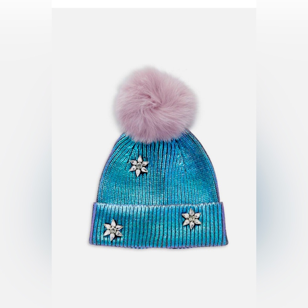 NWT Glamourpuss NYC Embellished Metallic Knit Fox Fur Pom-Pom Crystal Beanie Hat